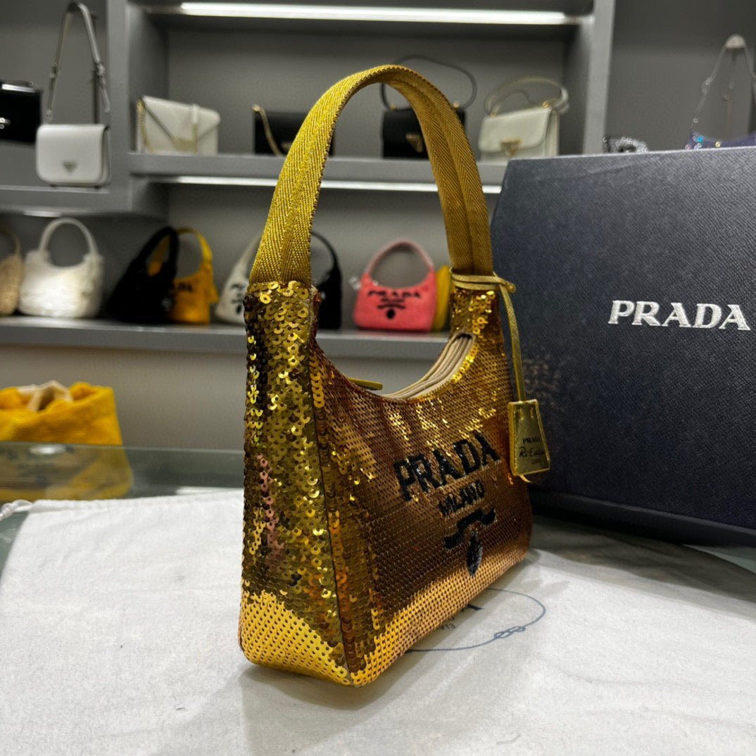653253e235247.jpg Replica Prada 1NE515 Re-Edition 2000 sequined Re-Nylon mini-bag Gold - Image 1