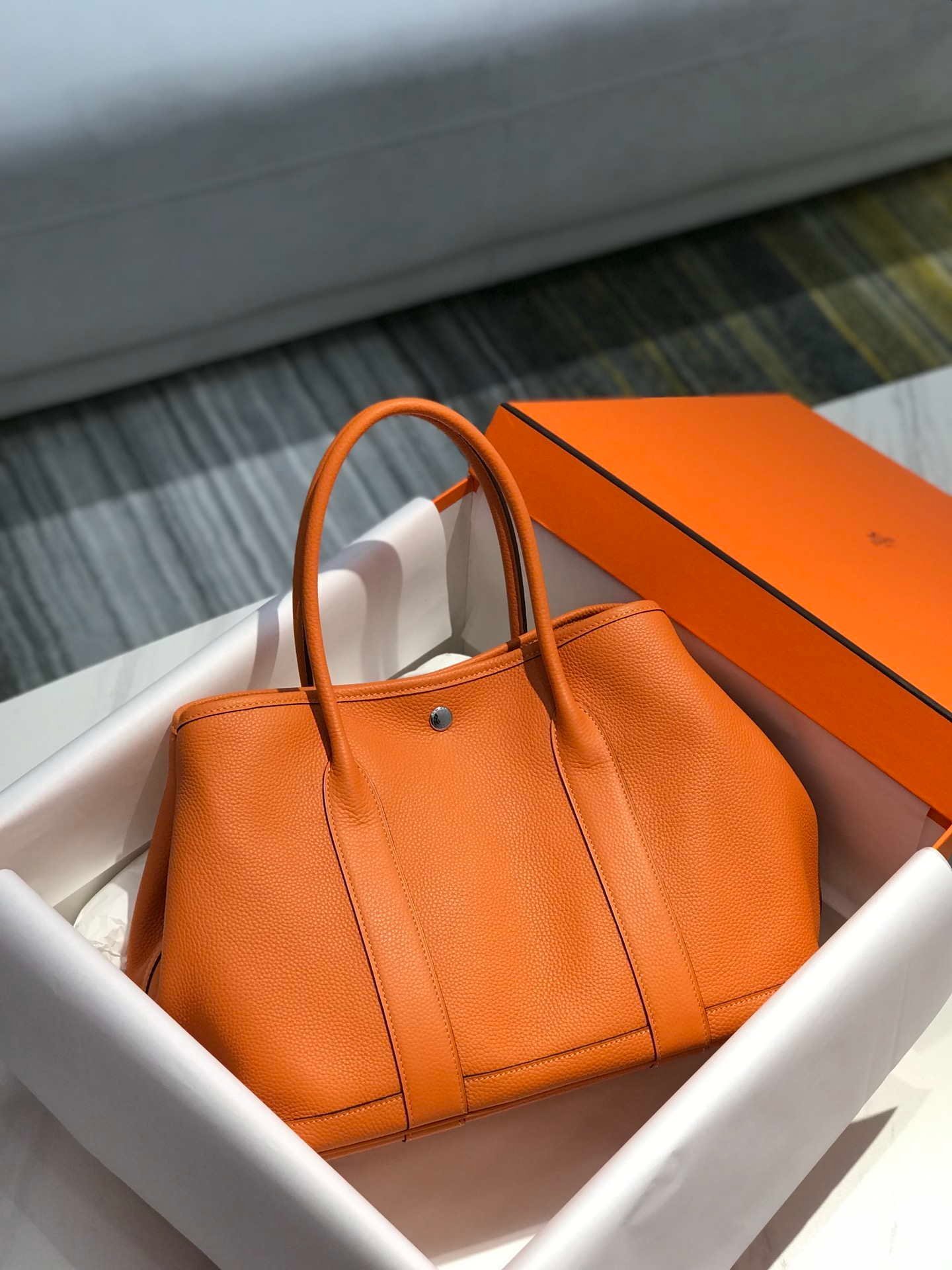6532791719526.jpg Replica Hermes Orange Clemence Garden Party 30cm Bag H239039 - Image 1