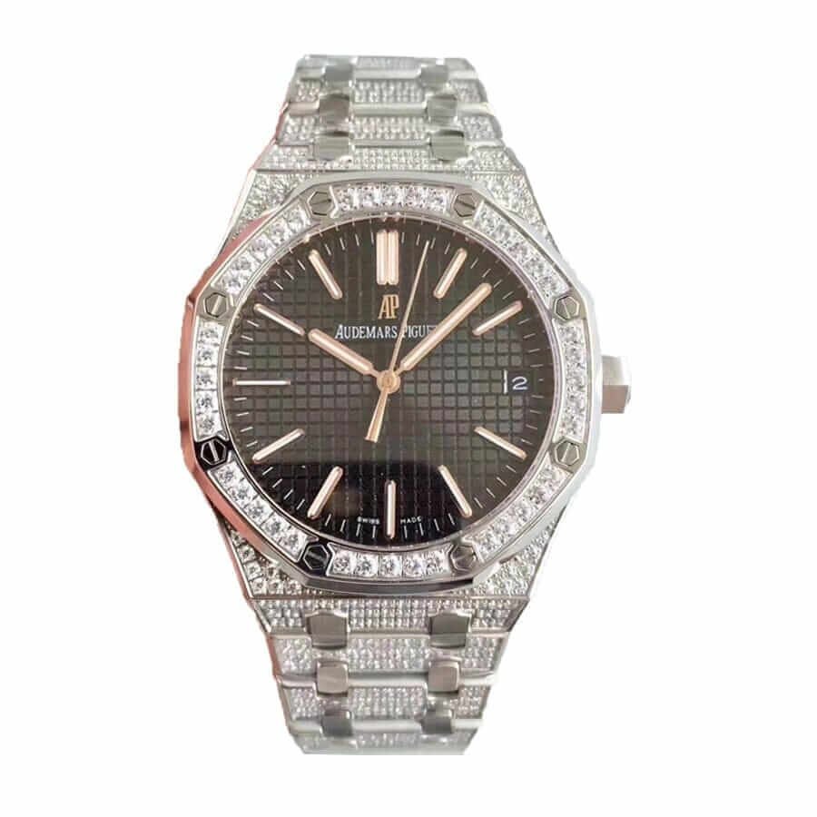 audemars-piguet-royal-oak-silver-diamond-black-dial-a110bl72-iced-out-replica-2.jpg AP Iced Out Watch Replica - Image 1