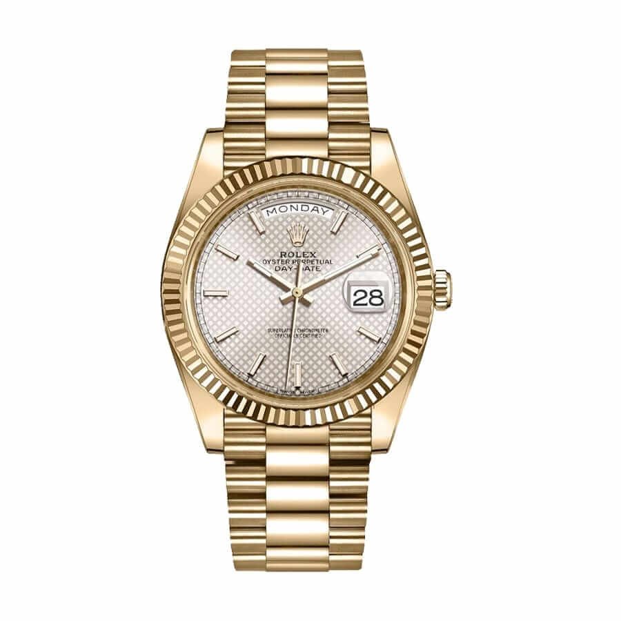 rolex-day-date-228238-n-yellow-gold-silver-diagonal-dial-replica.jpg Rolex Diogonal Silver Replica - Image 1